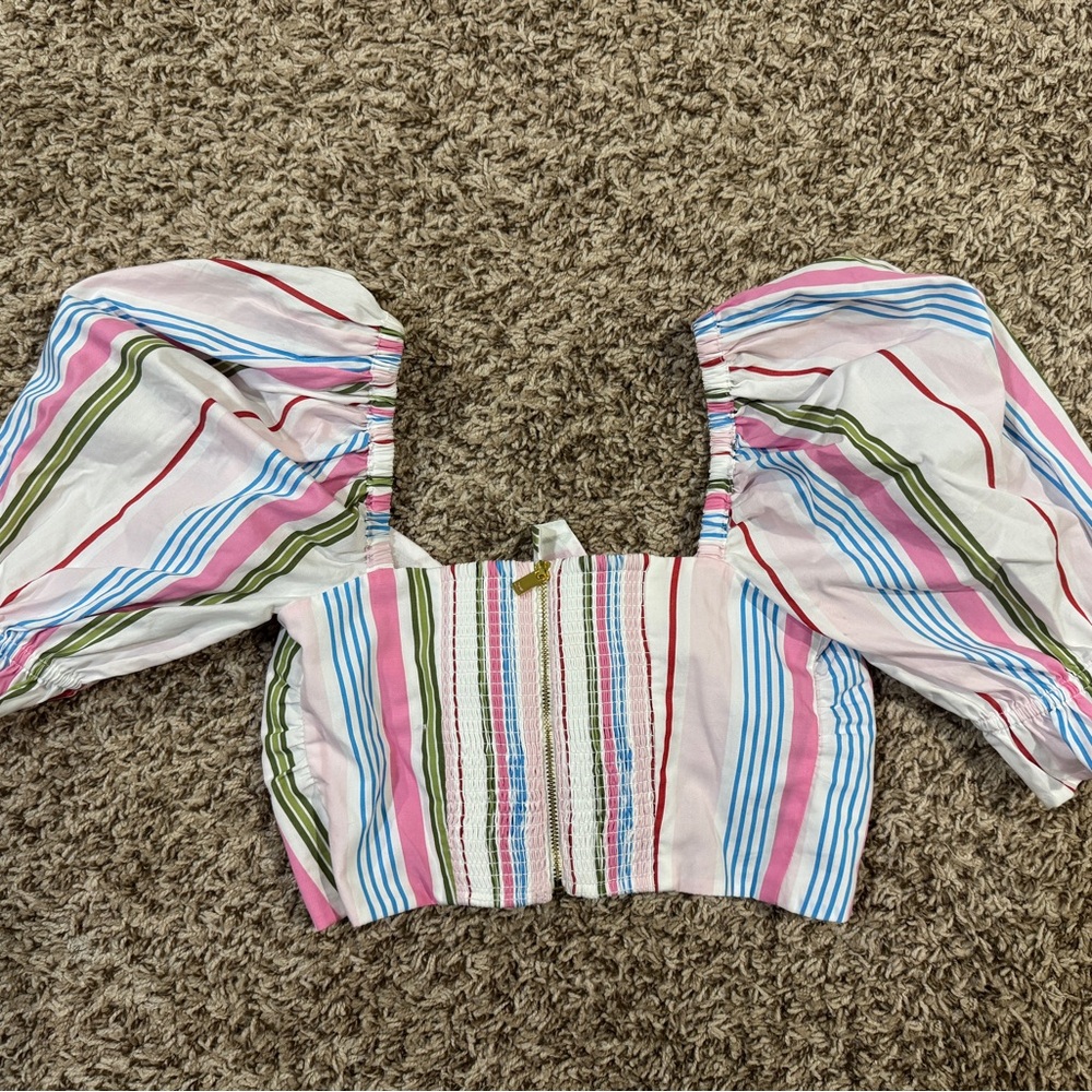 Hill House Pink and Blue Striped Puff Sleeve Blouse